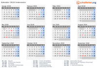 Kalender 2018 mit Ferien und Feiertagen Indonesien