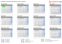 Kalender 2018 mit Ferien und Feiertagen Neufundland und Labrador