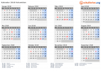 Kalender 2018 mit Ferien und Feiertagen Kolumbien