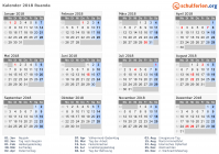 Kalender 2018 mit Ferien und Feiertagen Ruanda