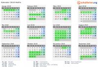 Kalender 2018 mit Ferien und Feiertagen Wallis
