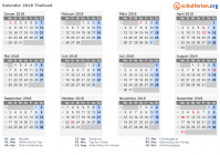 Kalender 2018 mit Ferien und Feiertagen Thailand