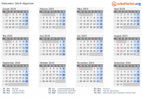 Kalender 2019 mit Ferien und Feiertagen Algerien