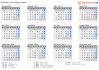 Kalender 2019 mit Ferien und Feiertagen Queensland