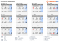 Kalender 2019 mit Ferien und Feiertagen Australien