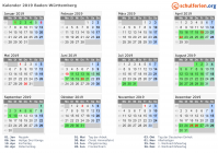 Kalender 2019 mit Ferien und Feiertagen Baden-Württemberg