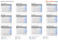 Kalender 2019 mit Ferien und Feiertagen Bolivien