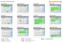 Kalender 2019 mit Ferien und Feiertagen Bremen