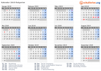 Kalender 2019 mit Ferien und Feiertagen Bulgarien