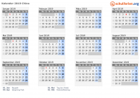 Kalender 2019 mit Ferien und Feiertagen China