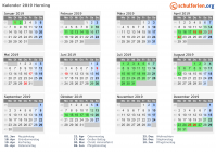 Kalender 2019 mit Ferien und Feiertagen Herning
