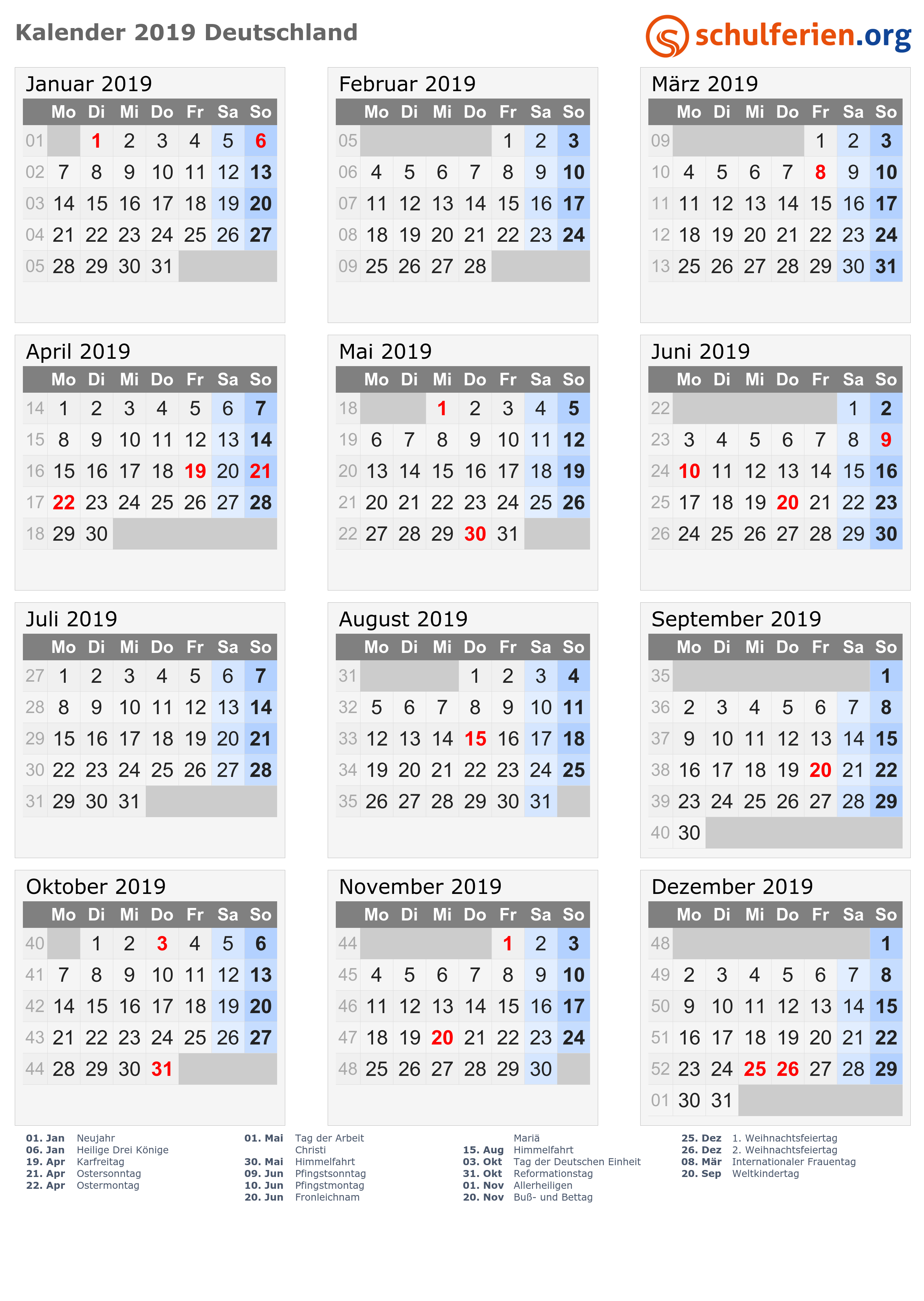 Kalender Deutschland 2019 Mit Feiertage