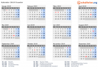 Kalender 2019 mit Ferien und Feiertagen Ecuador