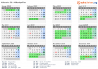 Kalender 2019 mit Ferien und Feiertagen Montpellier