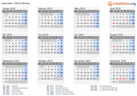 Kalender 2019 mit Ferien und Feiertagen Ghana