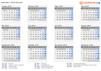 Kalender 2019 mit Ferien und Feiertagen Guinea