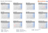 Kalender 2019 mit Ferien und Feiertagen Honduras