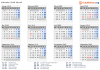 Kalender 2019 mit Ferien und Feiertagen Island