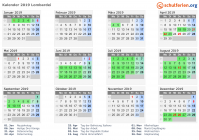 Kalender 2019 mit Ferien und Feiertagen Lombardei