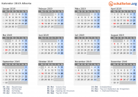Kalender 2019 mit Ferien und Feiertagen Alberta