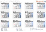 Kalender 2019 mit Ferien und Feiertagen Neufundland und Labrador
