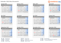 Kalender 2019 mit Ferien und Feiertagen New Brunswick