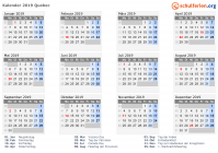 Kalender 2019 mit Ferien und Feiertagen Quebec