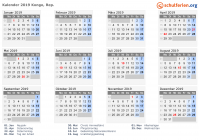 Kalender 2019 mit Ferien und Feiertagen Kongo, Rep.