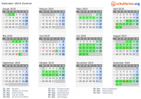 Kalender 2019 mit Ferien und Feiertagen Zentral