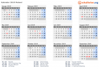 Kalender 2019 mit Ferien und Feiertagen Malawi