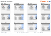 Kalender 2019 mit Ferien und Feiertagen Mongolei