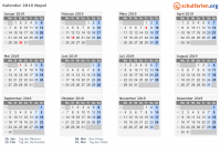 Kalender 2019 mit Ferien und Feiertagen Nepal
