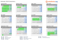Kalender 2019 mit Ferien und Feiertagen Canterbury