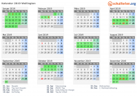 Kalender 2019 mit Ferien und Feiertagen Wellington