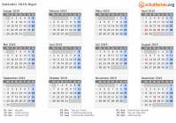 Kalender 2019 mit Ferien und Feiertagen Niger