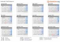 Kalender 2019 mit Ferien und Feiertagen Nigeria