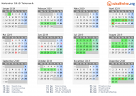 Kalender 2019 mit Ferien und Feiertagen Telemark