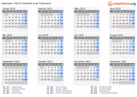 Kalender 2019 mit Ferien und Feiertagen Vestfold und Telemark