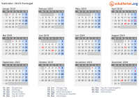 Kalender 2019 mit Ferien und Feiertagen Portugal