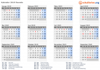 Kalender 2019 mit Ferien und Feiertagen Ruanda