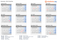 Kalender 2019 mit Ferien und Feiertagen Sambia