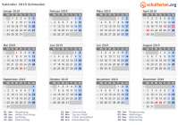 Kalender 2019 mit Ferien und Feiertagen Schweden