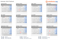 Kalender 2019 mit Ferien und Feiertagen Thailand