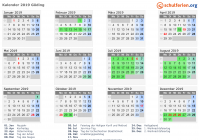Kalender 2019 mit Ferien und Feiertagen Göding