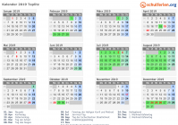 Kalender 2019 mit Ferien und Feiertagen Teplitz