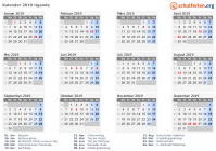 Kalender 2019 mit Ferien und Feiertagen Uganda