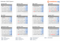 Kalender 2019 mit Ferien und Feiertagen Zypern