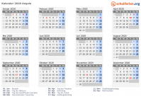 Kalender 2020 mit Ferien und Feiertagen Angola