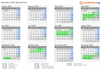 Kalender 2020 mit Ferien und Feiertagen Queensland