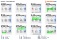 Kalender 2020 mit Ferien und Feiertagen Tasmanien